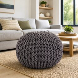 Grey Cotton Hand-Knitted Pouffe Footstool 50x35cm