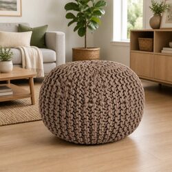 Brown Hand-Knitted Cotton Pouffe Footstool, 50x35 cm