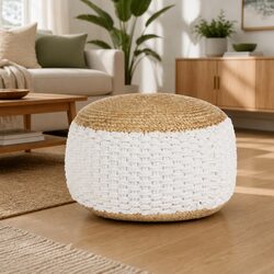 Jute Cotton Pouffe Ottoman Footstool 50x35cm White