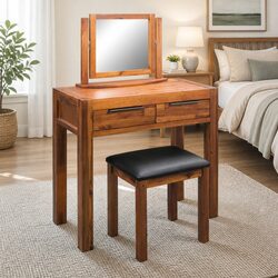 Acacia Wood Vanity Unit with Mirror and Stool Set
