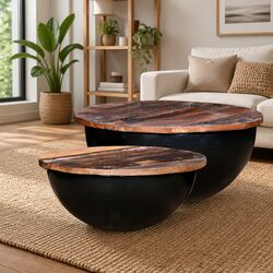 Set of 2 Reclaimed Wood Coffee Tables with Steel Base