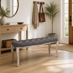 Solid Wood Frame Grey Linen Padded Storage Bench