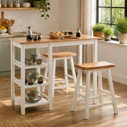 3-Piece Bar Set with Storage - White MDF and Rubberwood