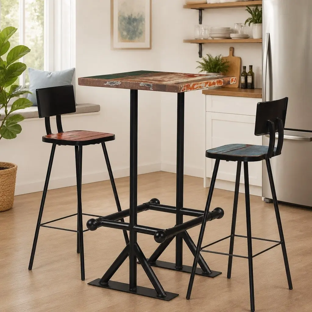 Bar Set Industrial Retro Comfort 3 Piece Reclaimed Wood Table Chairs Multicolour