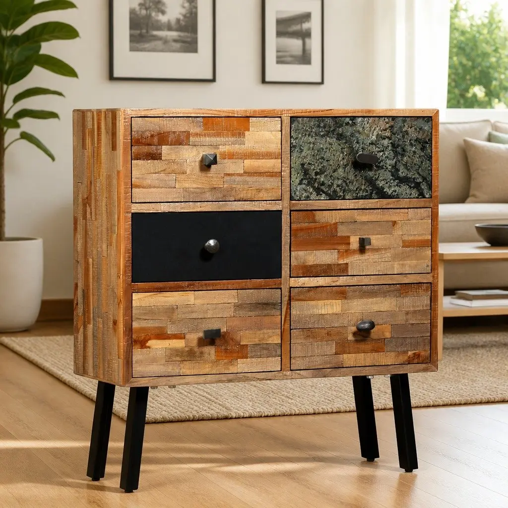 Side Cabinet Vintage Style Reclaimed Teak Brown 6 Drawers