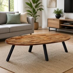 Oval Coffee Table with Reclaimed Teak and Steel Legs
