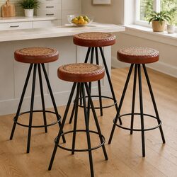 Set of 4 Industrial Leather Canvas Bar Stools