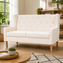 2-Seater Sofa in White Upholstery with Wooden Frame