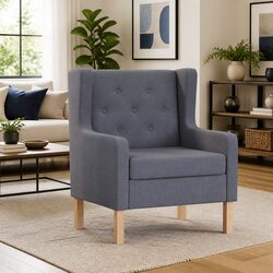 Grey Upholstered Armchair with Wooden Frame and Easy Assembly