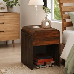 Solid Acacia Wood Bedside Table with Drawer, Brown Finish