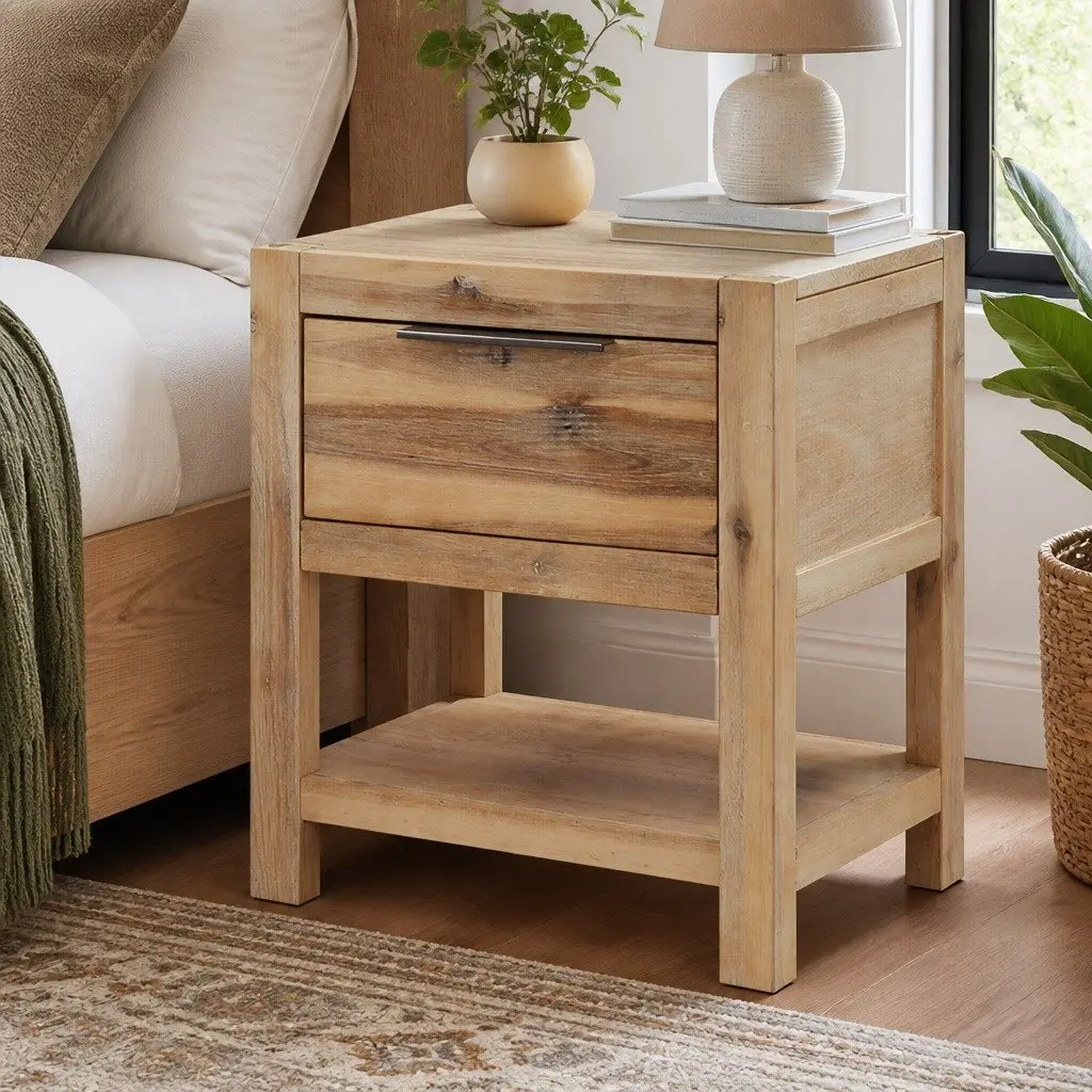 Solid Wood Bedside Table with Drawer Brown 40x30x48cm Bedroom Furniture