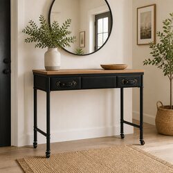 Solid Fir Wood Console Table with Steel Frame and Drawers
