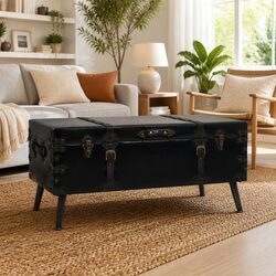 Black Coffee Table with Vintage Trunk Design and Storage
