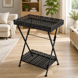 Folding Tea Table with Bottom Storage Basket, Black