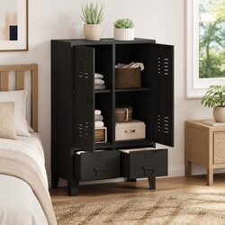 Metal Wardrobe Cabinet with 2 Drawers and Adjustable Shelves