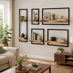 5-Piece Wall Shelf Set in Acacia Wood and Steel