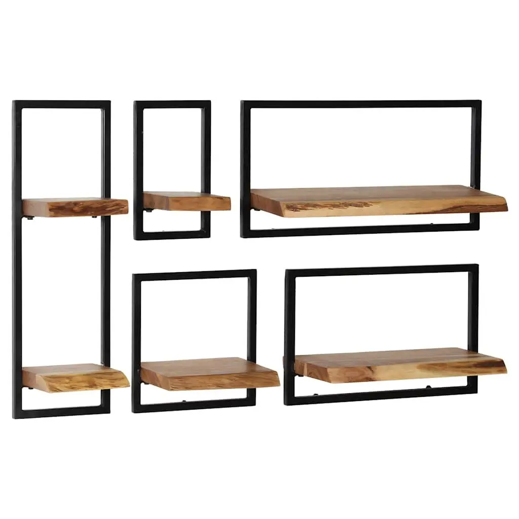 5 Piece Wall Shelf Set Retro Display Storage Acacia Wood Steel Frame Brown