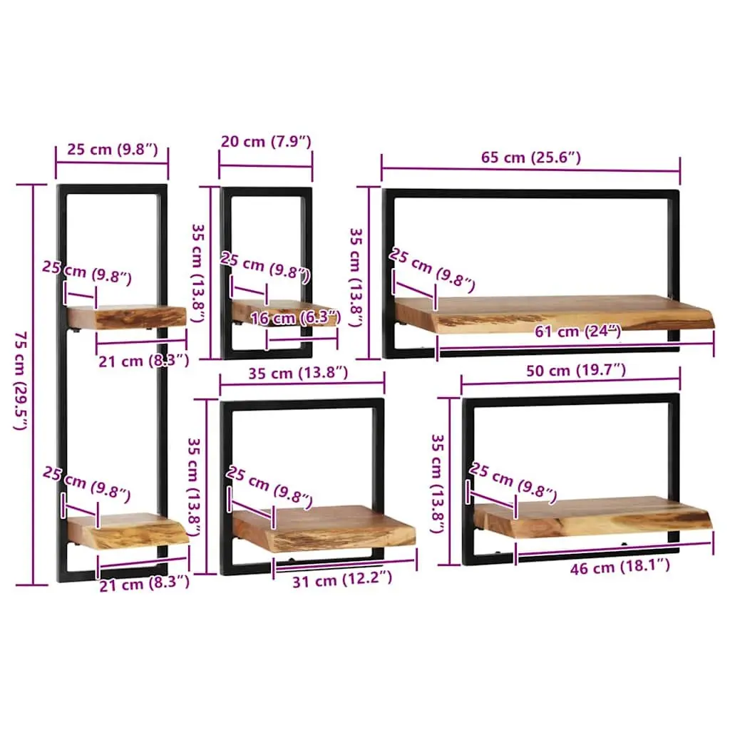5 Piece Wall Shelf Set Retro Display Storage Acacia Wood Steel Frame Brown