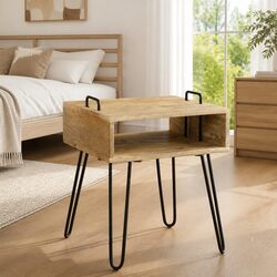 Solid Mango Wood Bedside Table with Steel Frame 40x34x47 cm