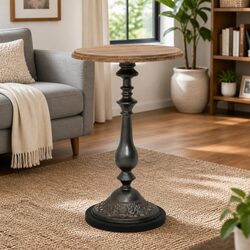 Brown End Table with Solid Fir Wood and Steel Base