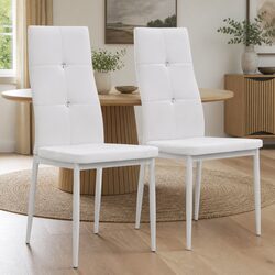 Set of 2 White Faux Leather Dining Chairs with Steel Legs