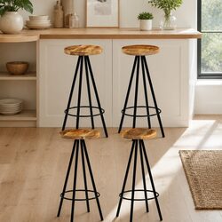 4-Piece Bar Stools Set in Solid Mango Wood and Steel