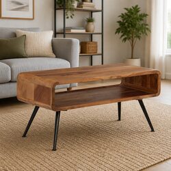 Acacia Wood Coffee Table with Steel Legs - Brown
