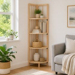 Freestanding Foldable Corner Shelf in Solid Cedar Wood