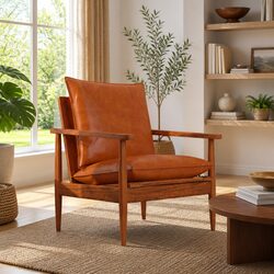 Acacia Wood Frame Armchair in Brown Leather