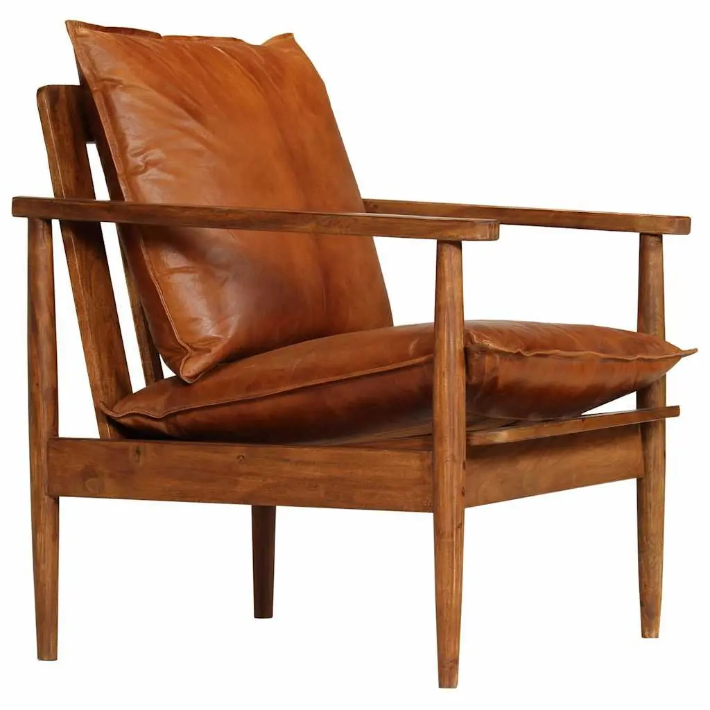 Armchair Relaxation Thick Foam Padding Brown Goat Leather Solid Acacia Wood Frame