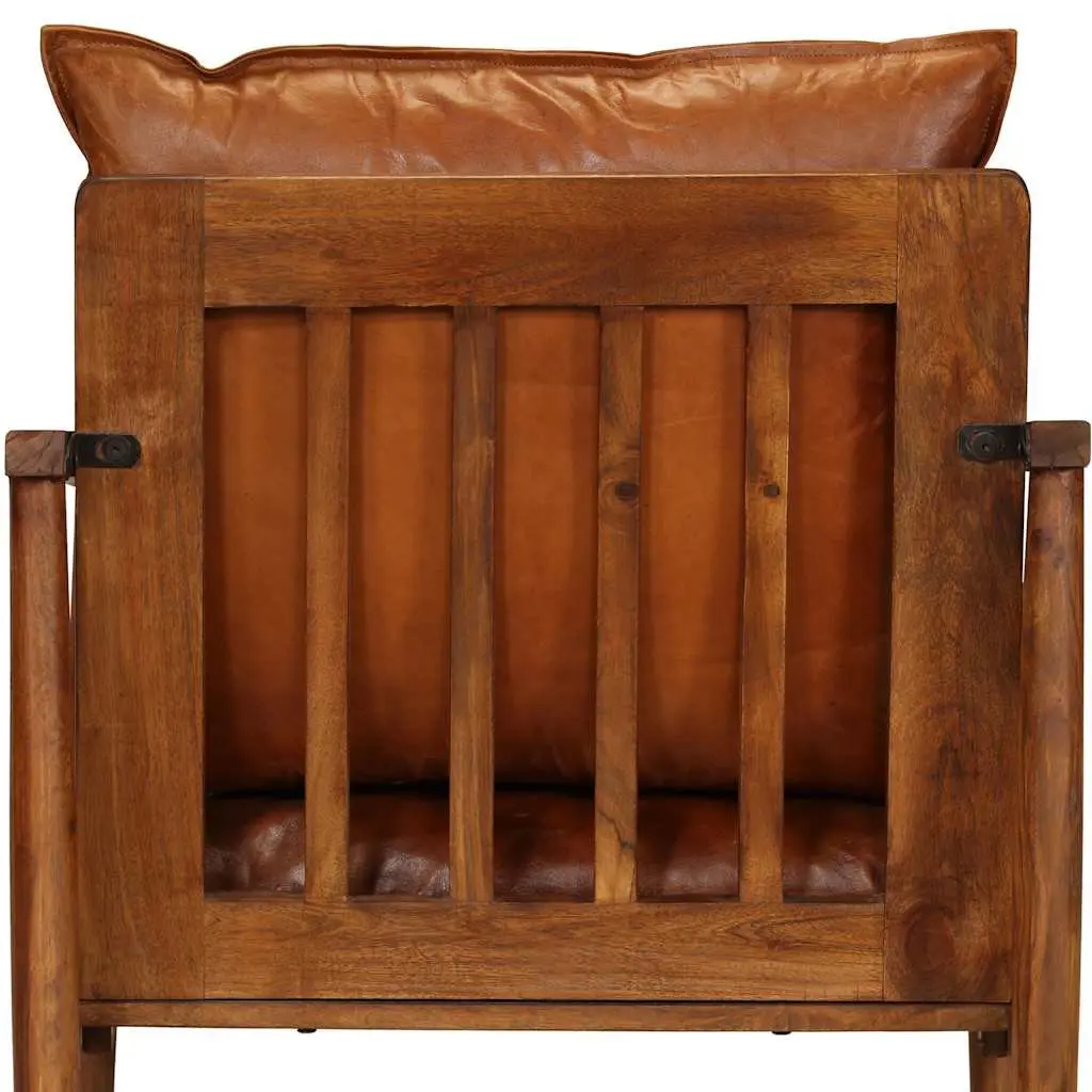 Armchair Relaxation Thick Foam Padding Brown Goat Leather Solid Acacia Wood Frame