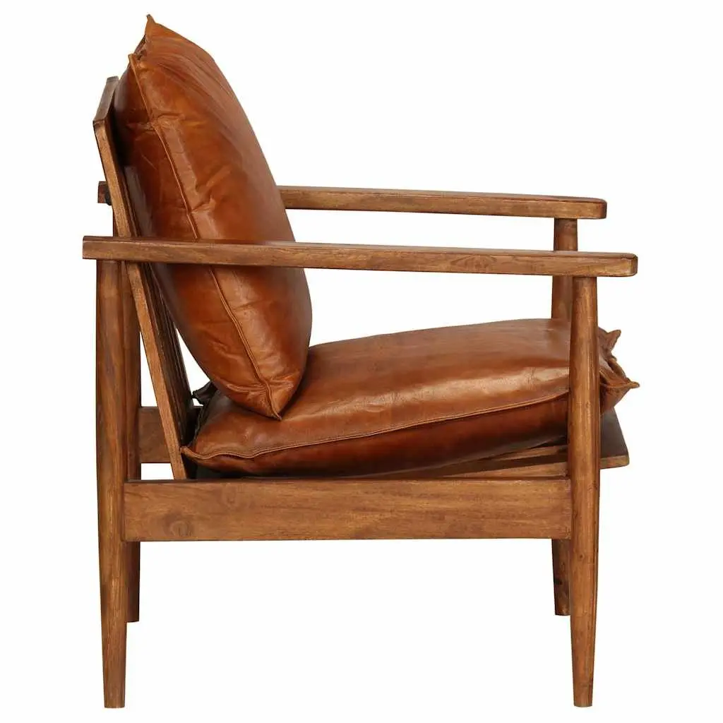 Armchair Relaxation Thick Foam Padding Brown Goat Leather Solid Acacia Wood Frame