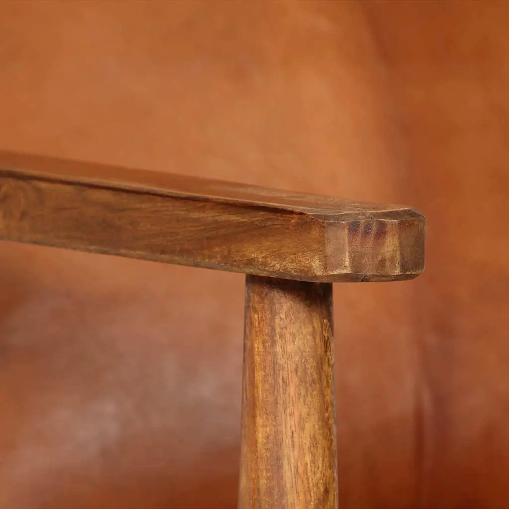 Armchair Relaxation Thick Foam Padding Brown Goat Leather Solid Acacia Wood Frame