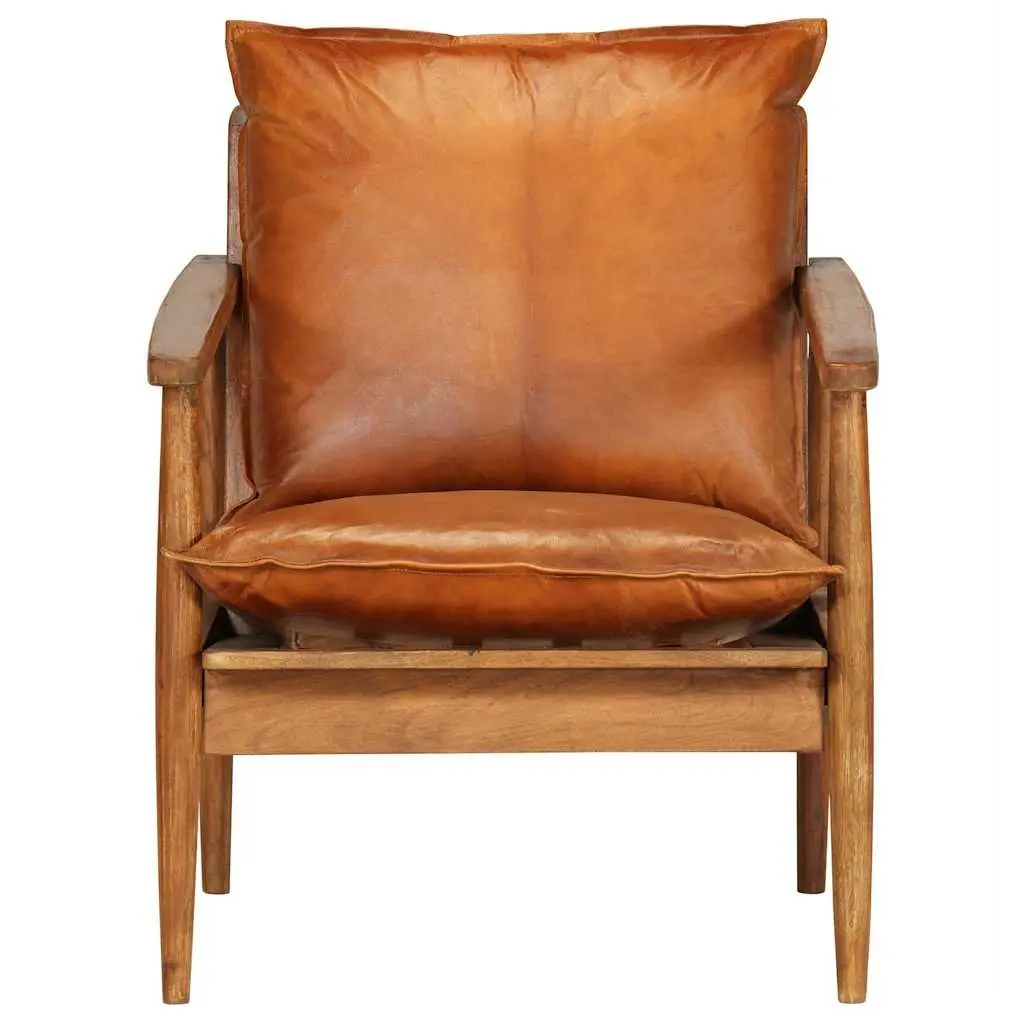 Armchair Relaxation Thick Foam Padding Brown Goat Leather Solid Acacia Wood Frame