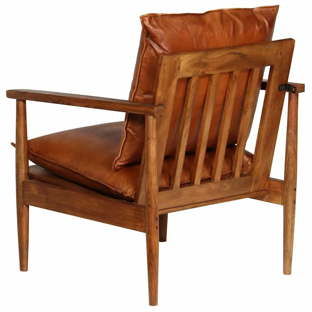 Armchair Relaxation Thick Foam Padding Brown Goat Leather Solid Acacia Wood Frame