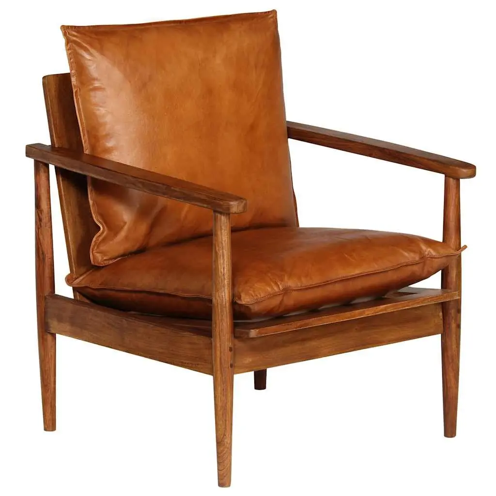 Armchair Relaxation Thick Foam Padding Brown Goat Leather Solid Acacia Wood Frame