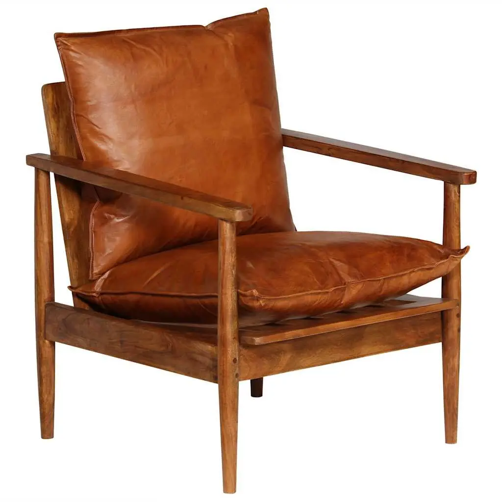 Armchair Relaxation Thick Foam Padding Brown Goat Leather Solid Acacia Wood Frame