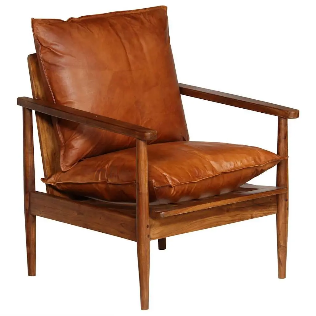 Armchair Relaxation Thick Foam Padding Brown Goat Leather Solid Acacia Wood Frame