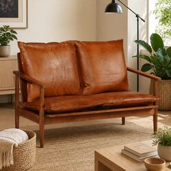 2-Seater Sofa with Solid Acacia Wood and Goat Leather