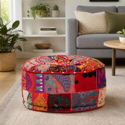 Round Cotton Patchwork Pouffe Footstool Red