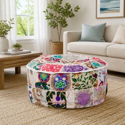Round Beige Patchwork Pouffe Ottoman 40x20 cm Handmade