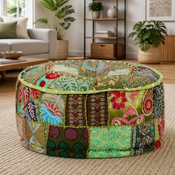 Round Green Pouffe Ottoman Cotton Patchwork 40x20cm