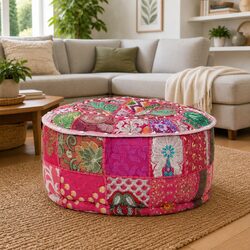 Round Cotton Patchwork Pouffe Footrest Pink 40x20 cm