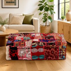 Cotton Pouffe Footstool with Embroidered Patchwork Design