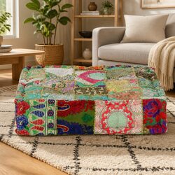 Square Patchwork Pouffe with Handmade Construction