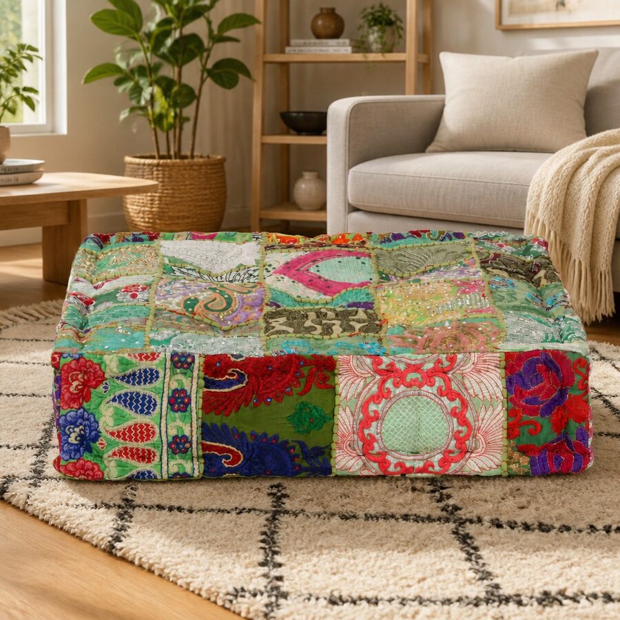 Square Patchwork Pouffe with Handmade Construction