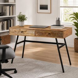 Industrial Solid Mango Wood Desk with Steel Frame and Drawers