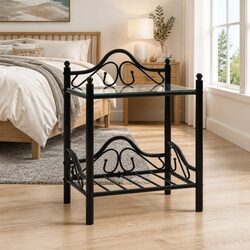 Black Steel Frame Nightstand with Tempered Glass and Shelves