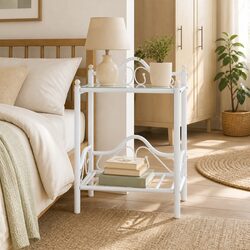White Steel Frame Bedside Table with Tempered Glass Shelves