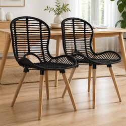 Set of 2 Rattan Dining Chairs with Wooden Legs